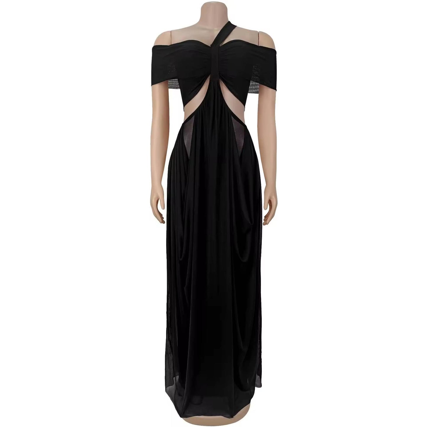 Off-Shoulder Backless Sheer Side Cut Maxi Dress BLUE ONLY