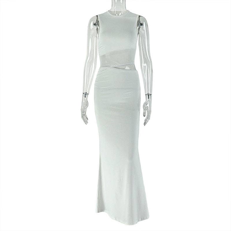 Sleeveless Bodycon Dress with Round Neck in White