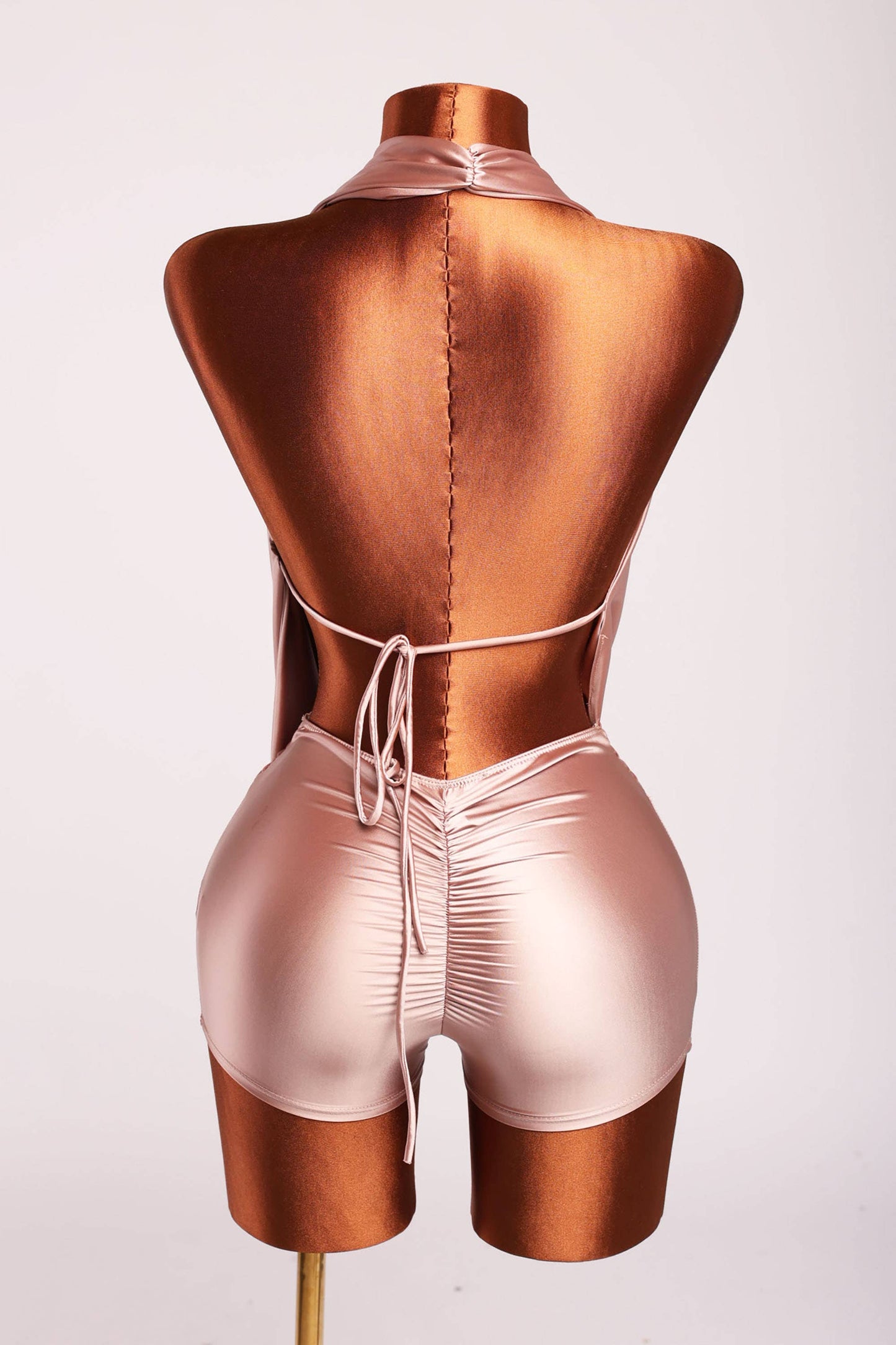 Halter cowl neck open back romper