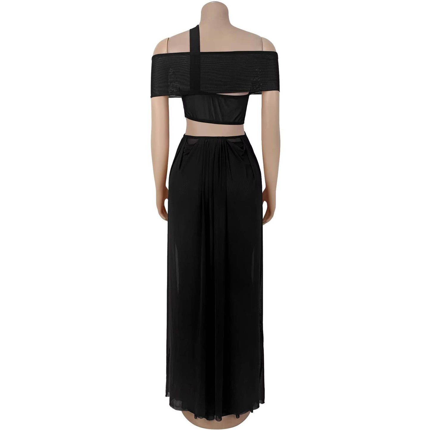 Off-Shoulder Backless Sheer Side Cut Maxi Dress BLUE ONLY
