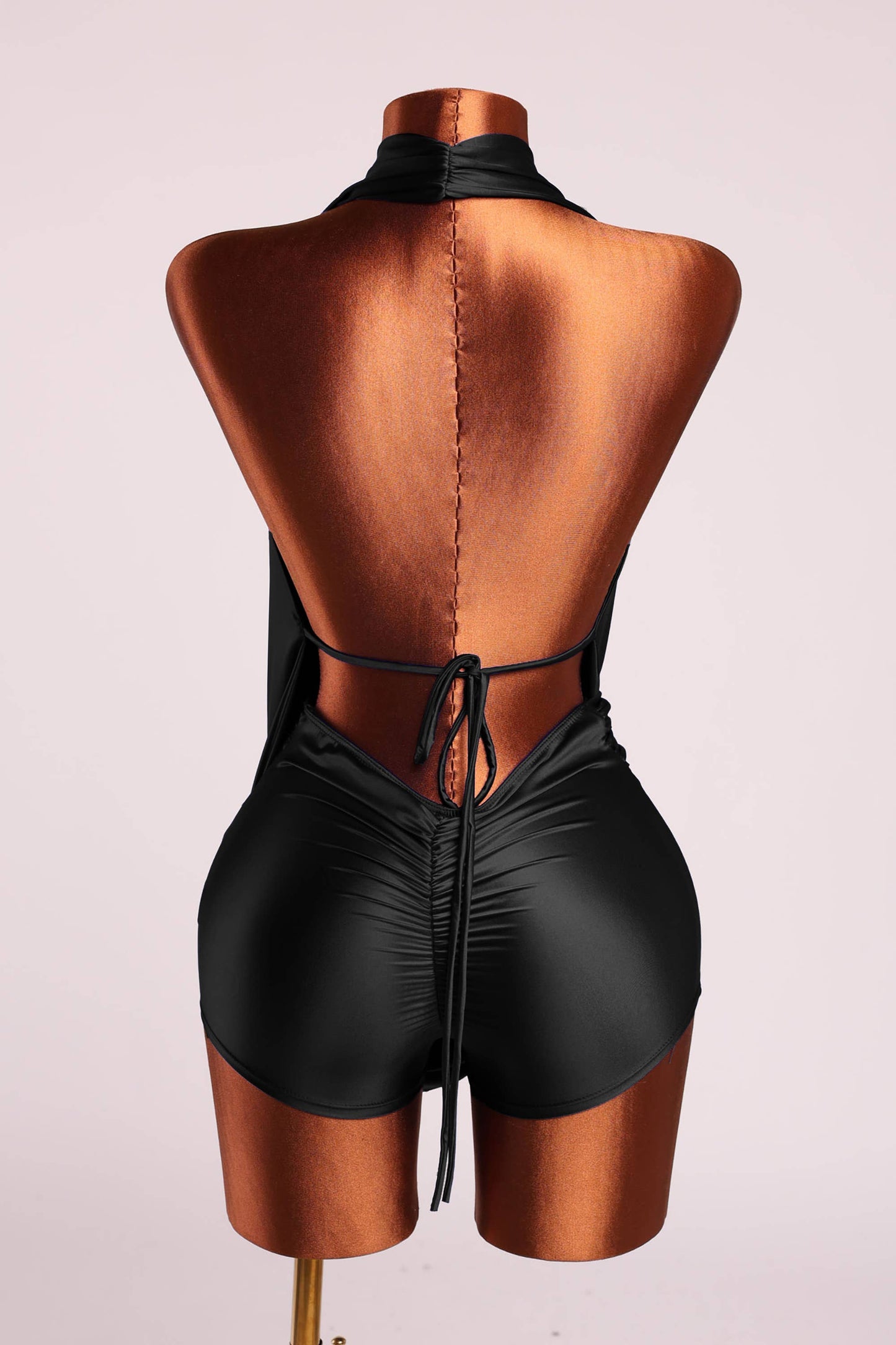 Halter cowl neck open back romper