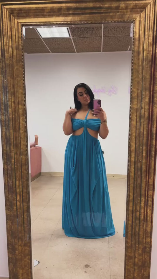 Off-Shoulder Backless Sheer Side Cut Maxi Dress BLUE ONLY